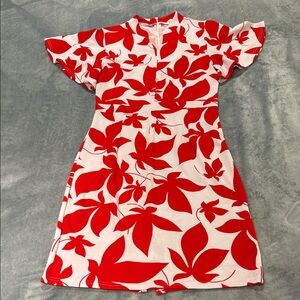 LAC BLEU Red Floral Midi Dress, Flutter Sleeves & Mandarin Collar, size 1X